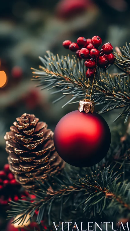 Red Christmas bauble hangs beside frosted pinecone