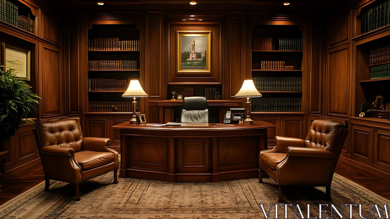 Mahogany mind chamber with leather-clad counsel chairs.