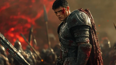 Bloodied armored warrior amid burning battlefield ranks.
