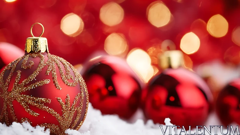 Glittered red Christmas bauble amid glowing festive bokeh.
