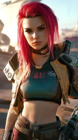 Cyberpunk female character stands in armored streetwear portrait