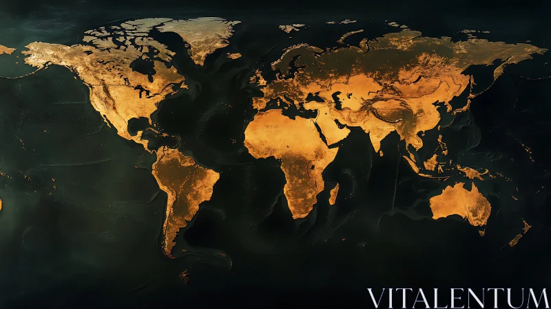 Golden topographic world map rendered with luminous relief