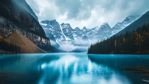 Turquoise mountain lake framed by snow peaks and pines.