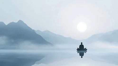 Solitary figure meditates on tranquil misty mountain lake.