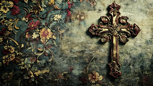 Gilded ornamental cross mounted on distressed floral plaster wall