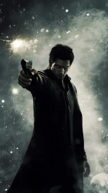 Noir gunman in backlit smoke, muzzle flash illuminating stance