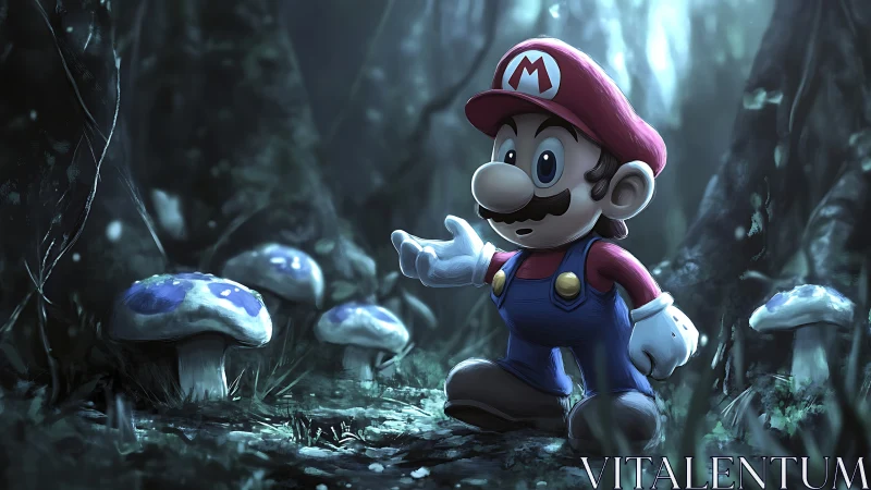 Plucky mustached adventurer wandering a misty mushroom forest.