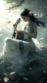Ethereal musician cradles lute in windlit forest glade.