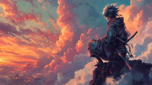 Skyline ronin broods above ember-lit city of clouds.