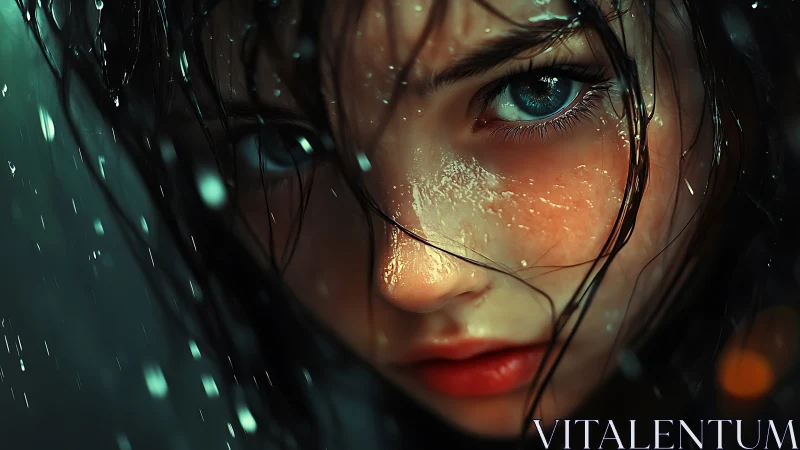 Stormlit girl portrait with icy gaze and wet strands.