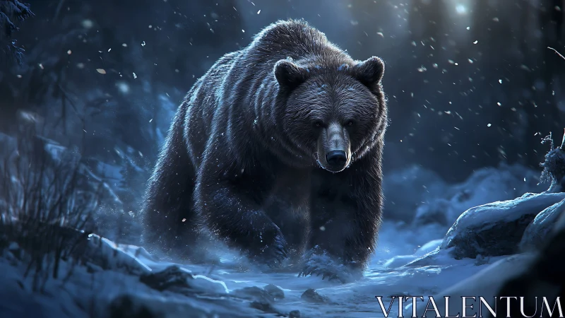 Nocturnal brown bear traversal in volumetric winter lighting.