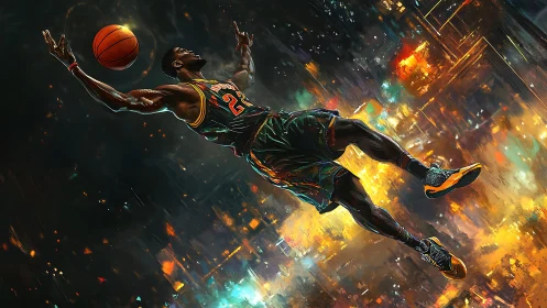 Dynamic basketball dunk over neon abstract cityscape.