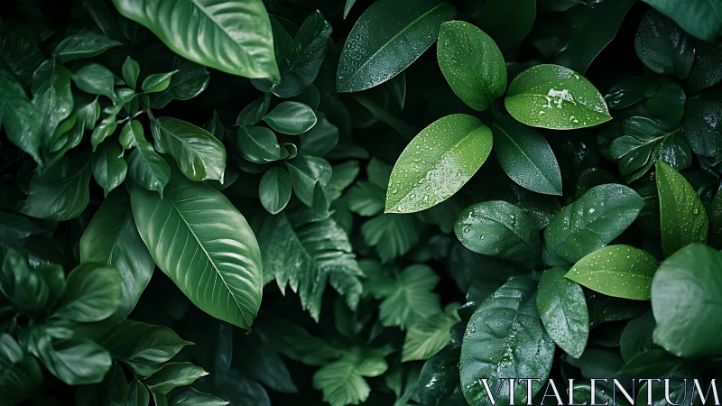Lush tropical foliage with dew on glossy emerald leaves.