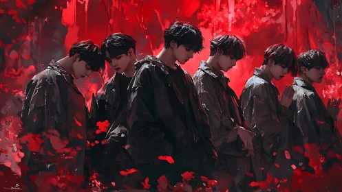 Row of six male figures stands before saturated red backdrop