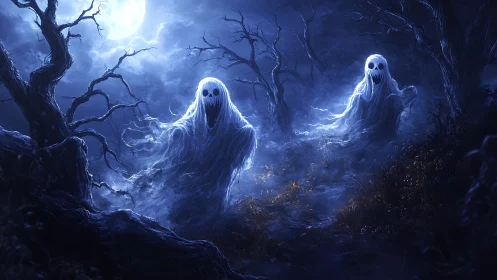 Ghostly figures drift through a moonlit haunted forest.