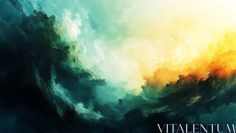 Abstract swirling clouds in teal and gold, digital painting style.