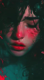 Moody portrait in neon red and teal light captures emotion.