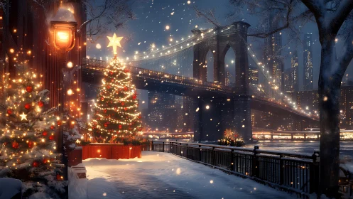 Snowy cityside Christmas lights by a glowing winter bridge.