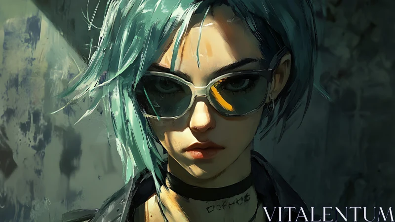 Defiant cyberpunk girl stares through neon-tinted sunglasses