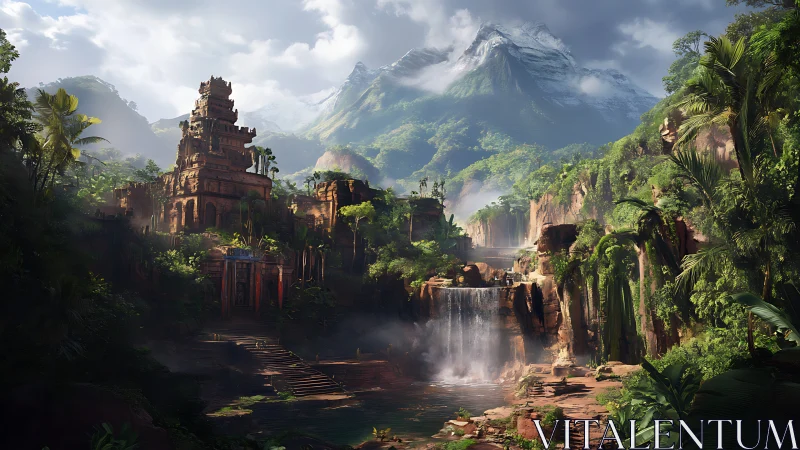 Digital painting of jungle temple complex with cascading falls.