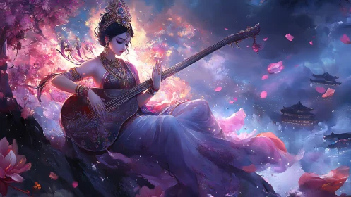 Moonlit goddess strums petals and starlight into song.