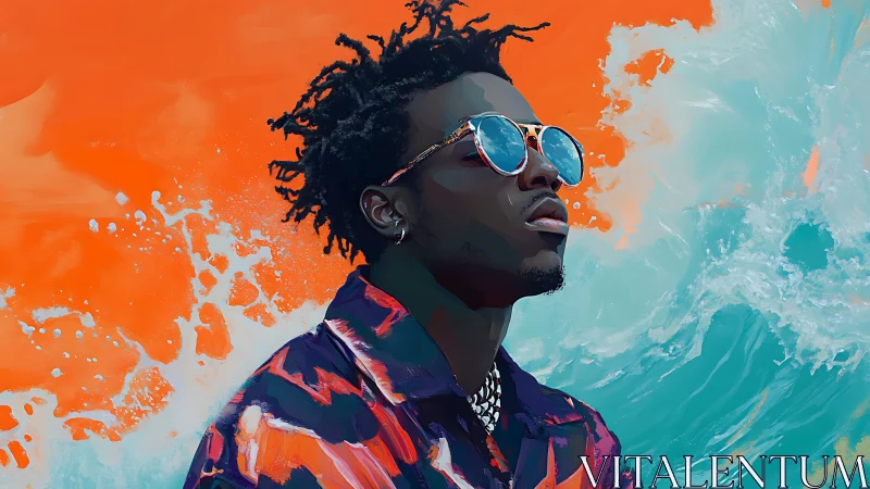 Stylized portrait of man in sunglasses against bold sea backdrop.