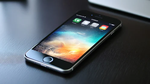 iPhone displaying iOS interface with atmospheric sunset landscape rendering