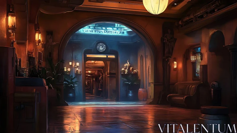 Futuristic lounge corridor glows with warm ambient light