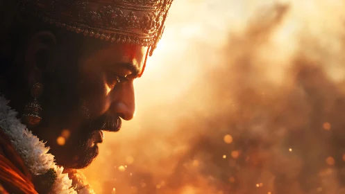 Golden dusk over a contemplative crowned figure in profile.