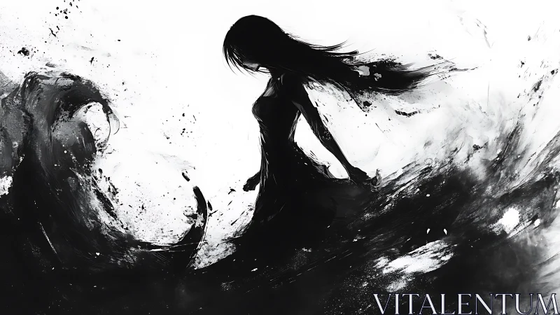 Silhouette girl commands ink storm in stark monochrome.