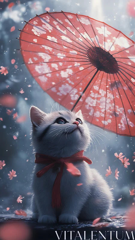 White Kitten's Crimson Umbrella Dance in Flowering Rain