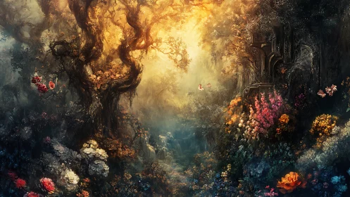 Baroque Fantasy Forest Temple Flooded with Ethereal Golden Light