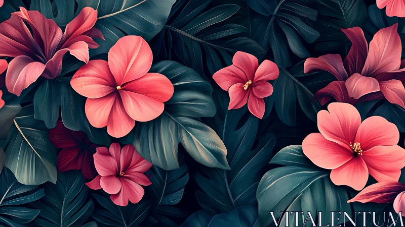 Coral Floral Composition with Teal Foliage.