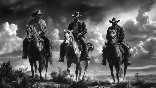 Monochrome cowboy triad under sculpted storm clouds panorama.