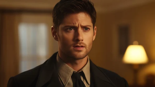 Pensive young man stands in warm lamplit room interior