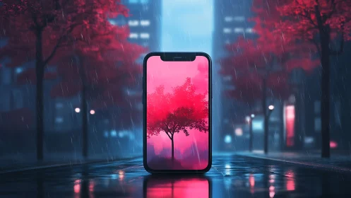 Smartphone frames neon red tree in rainy night street