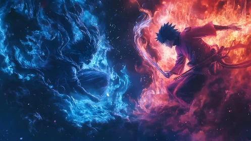 Bifurcated elemental duel with blue plasma and red flame fields.