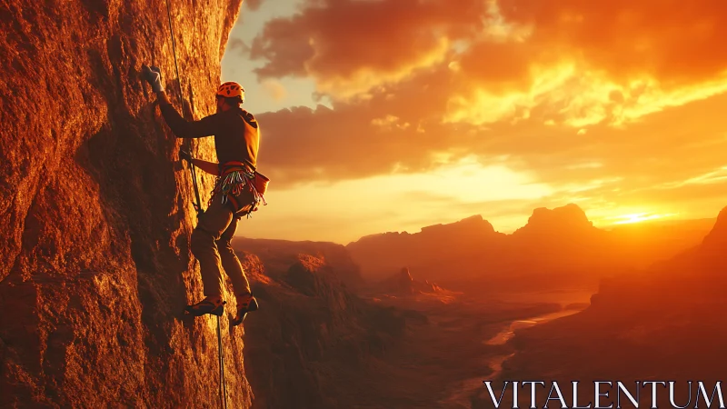 Rock climber ascends glowing cliff at fiery desert sunset