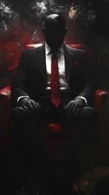 Noir executive silhouette in red-lit chair, high contrast framing.