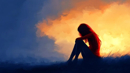 Lonely girl silhouette against vivid orange sunset sky.