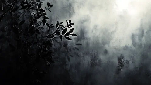 Silhouetted leaves press against misted glass under pale light