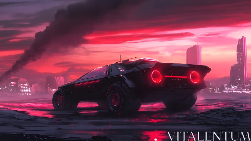 Low-slung cyberpunk coupe idles under magenta atmospheric haze