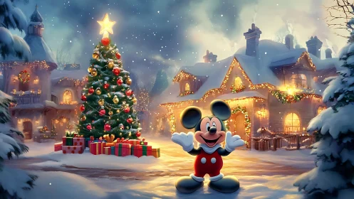 Cartoon mouse celebrates vibrant snowy Christmas village