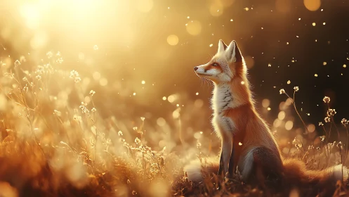 Golden sunlight gathers around a calm fox in tall grass