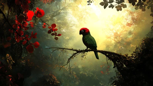 Forest spotlight crowns the crimson-crested jungle sentinel