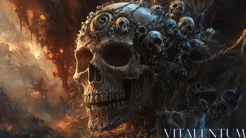 Eerie skull landscape wrapped in glowing mist and shadows.