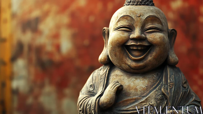Laughing Buddha statue radiates joy against warm bokeh wall