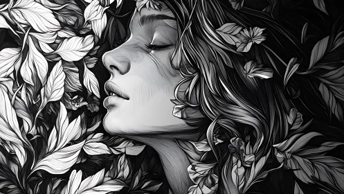 Monochrome female portrait entwined with flowing leaves.