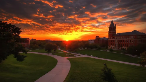Sunset over collegiate quadrangle with fiery stratocumulus sky.
