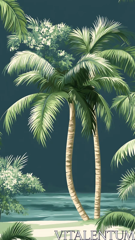 Tropical palm trees curve over calm teal shoreline.